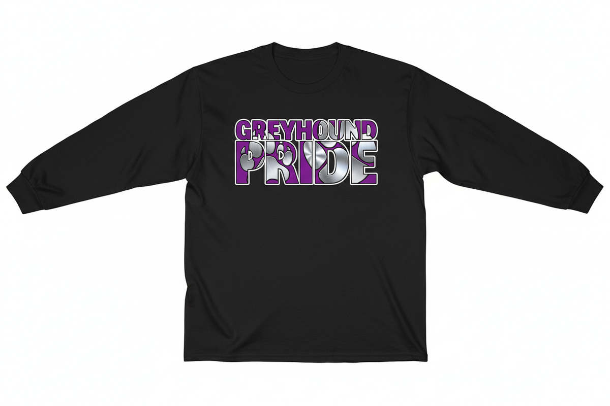 Greyhound Pride graphic on black long sleeve t-shirt