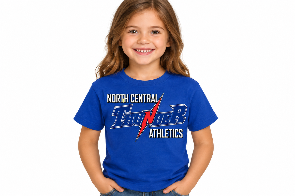 North Central Thunder Athletics design on royal blue t-shirt - little girl model
