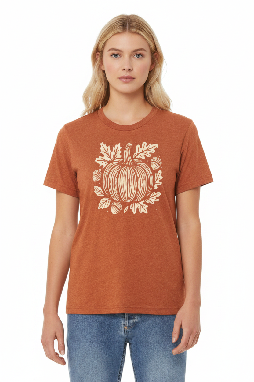 Women's heathered autumn t-shirt with cream pumpkin harvest graphic