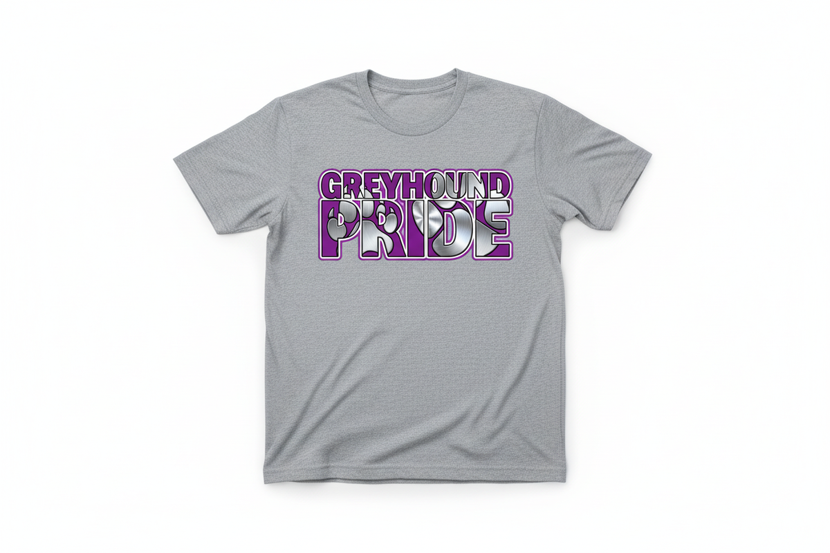 Greyhound Pride graphic on heather gray t-shirt