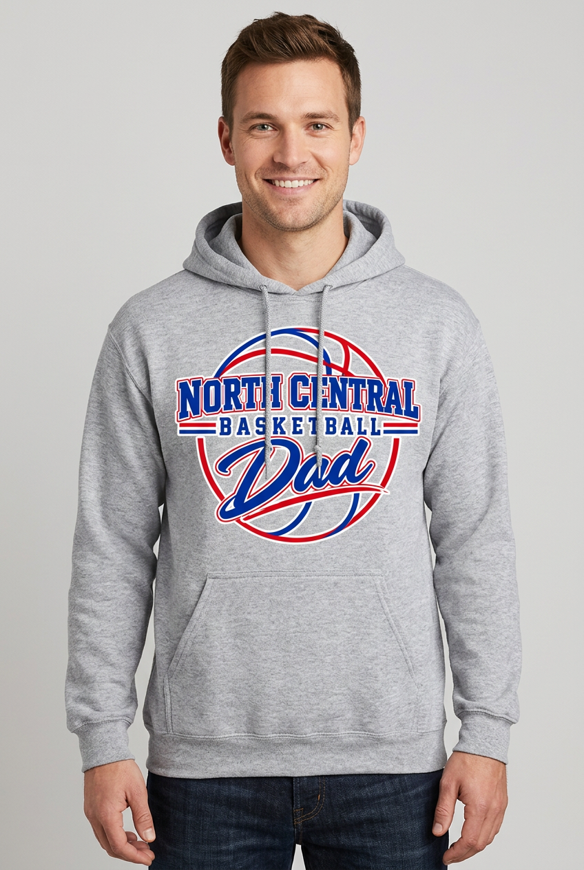 Smiling younger adult male model wearing sports gray North Central Basketball Dad hoodie