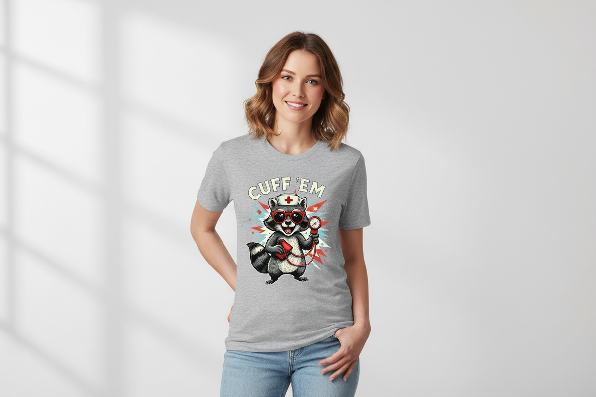 Cuff 'Em Raccoon Nurse Tee in Sports Gray