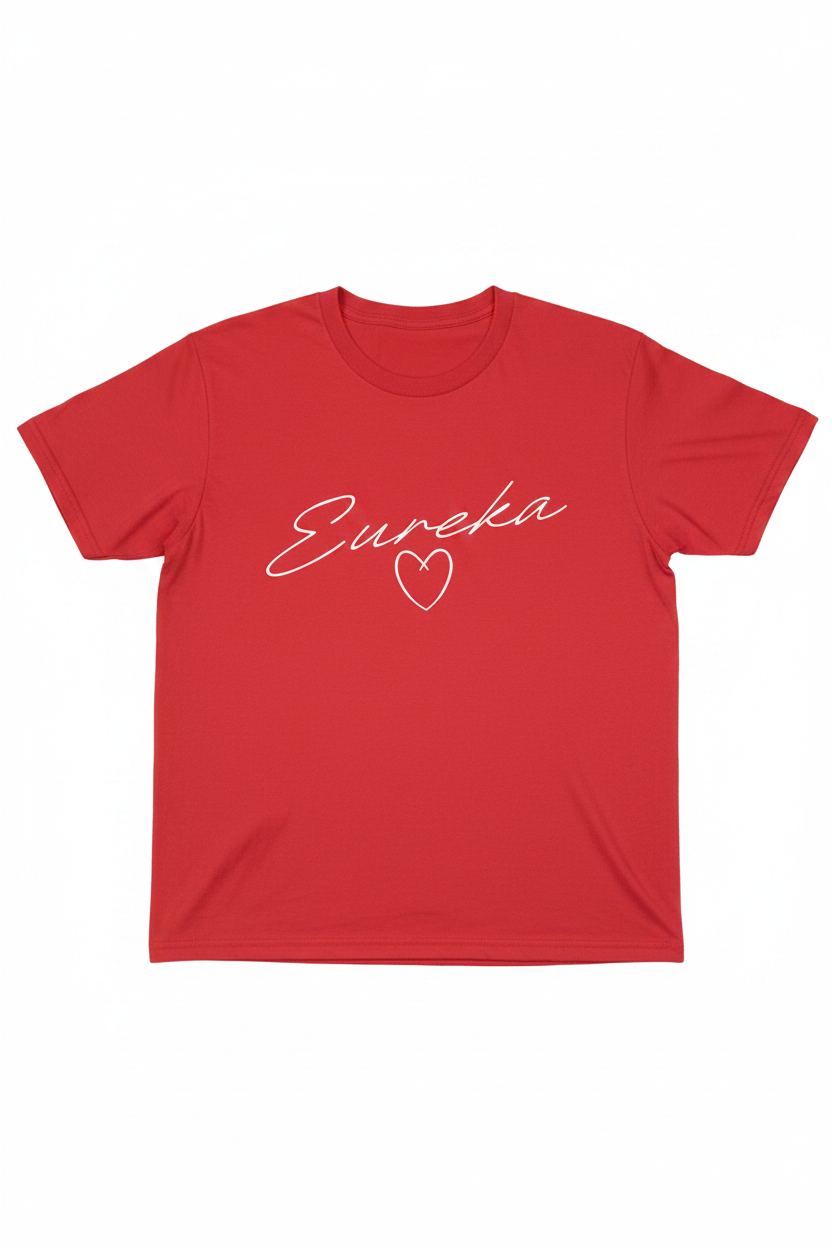 Red t-shirt with white Eureka cursive script and white heart outline graphic