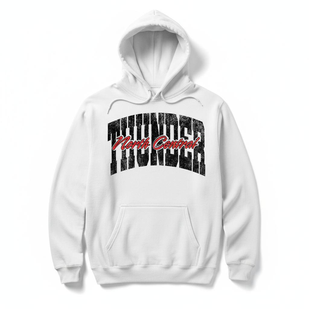 White North Central Thunder pullover hoodie with distressed graphic
