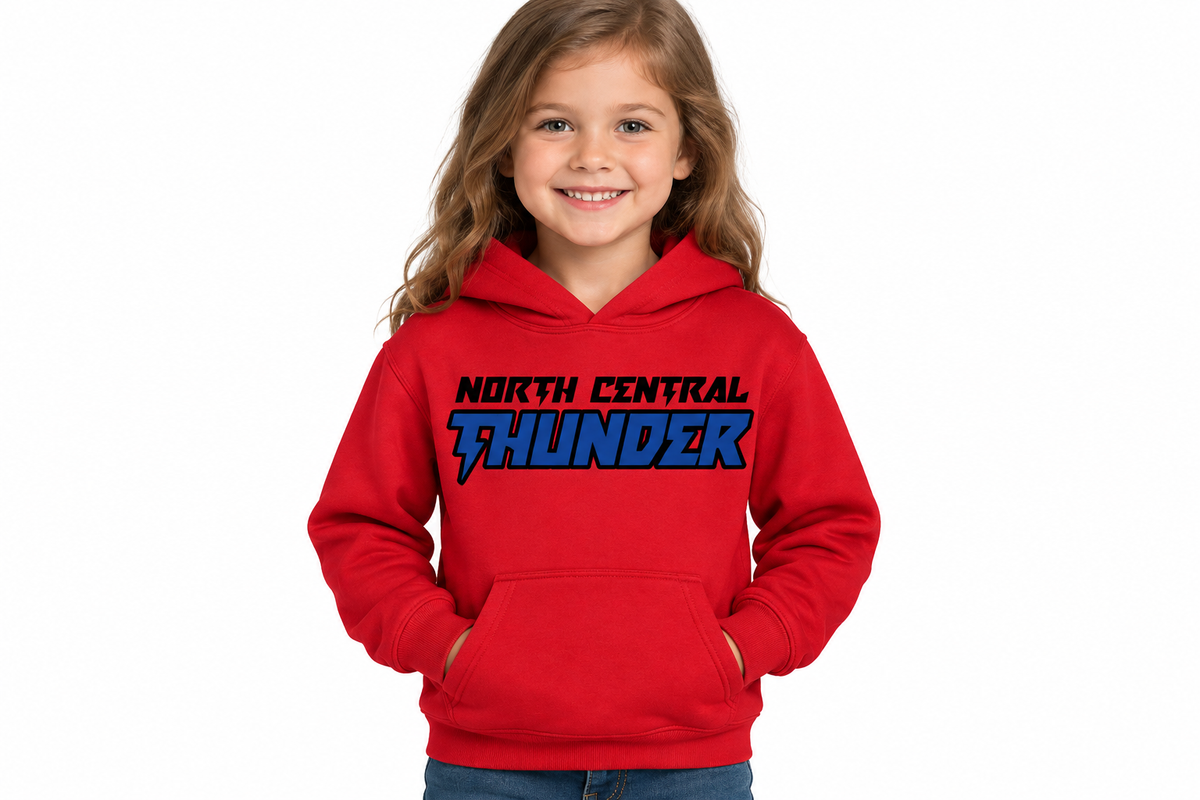 North Central Thunder lightning hoodie in red - little girl model