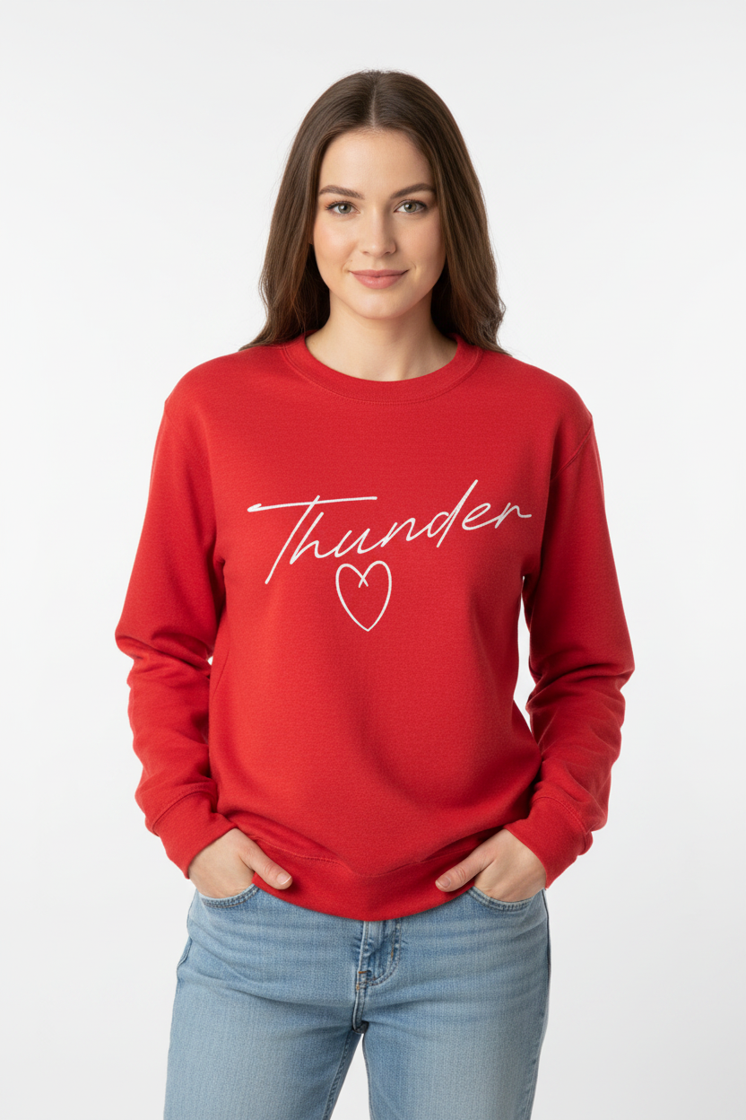 Women's red crewneck sweatshirt with white Thunder cursive script and heart graphic