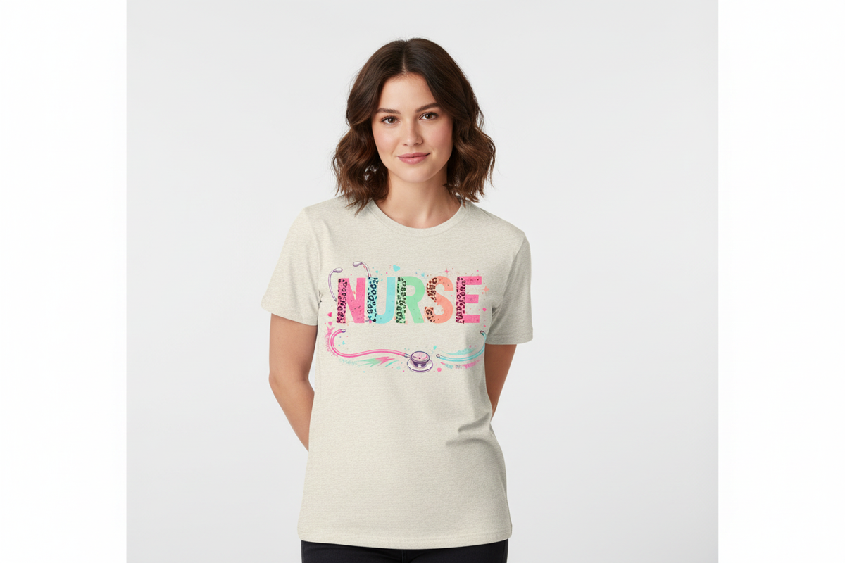 Leopard Print NURSE Tee in Heathered Oatmeal