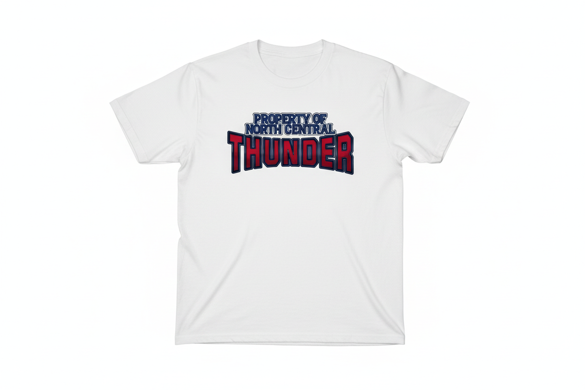 Property of North Central Thunder graphic on white t-shirt