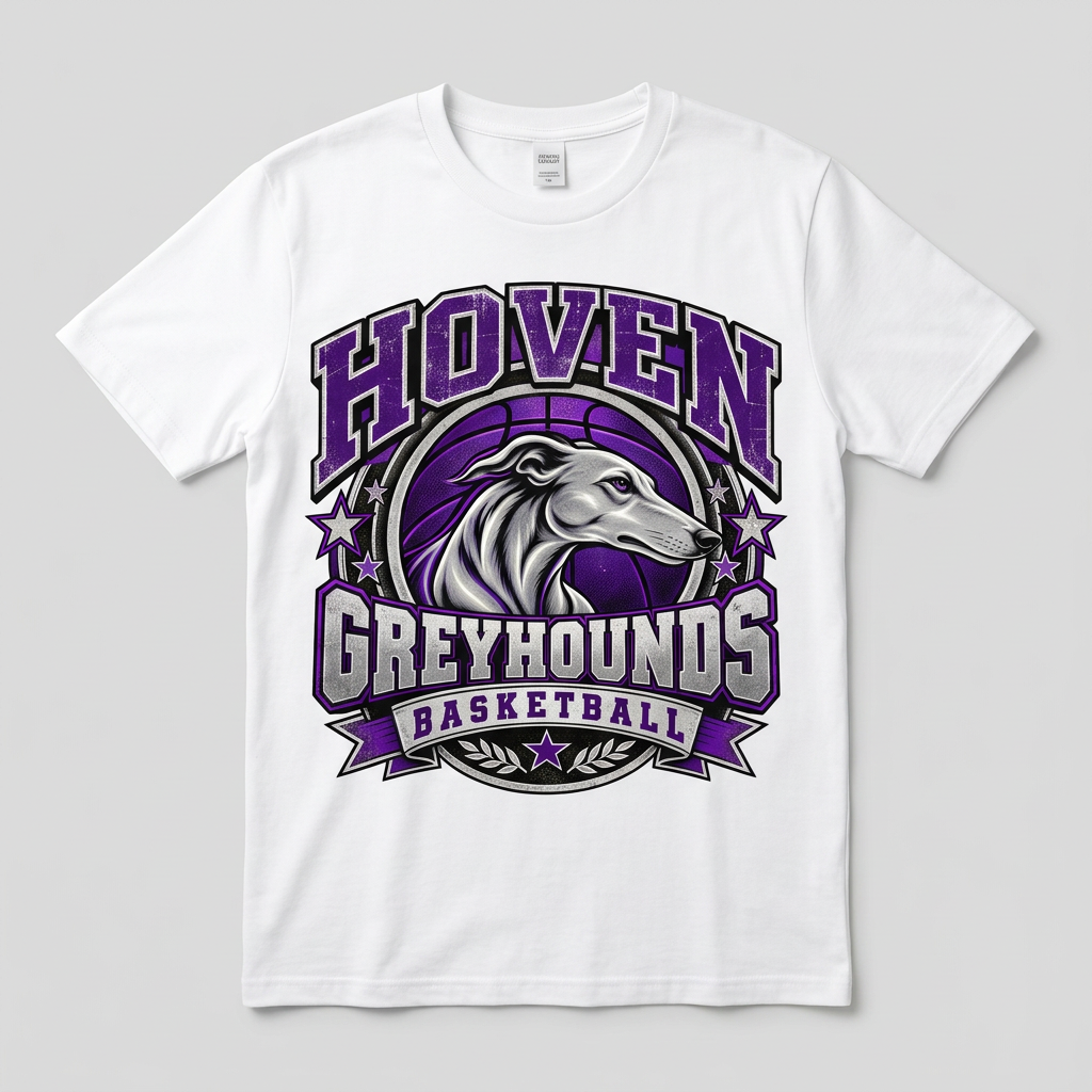Flat-lay white Hoven Greyhounds Basketball Design 7 T-shirt