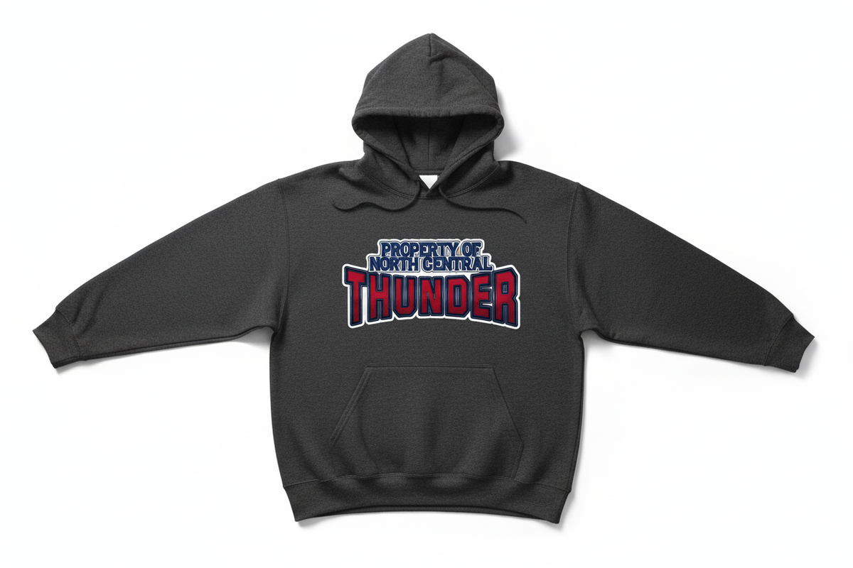 Property of North Central Thunder on dark heather gray hoodie