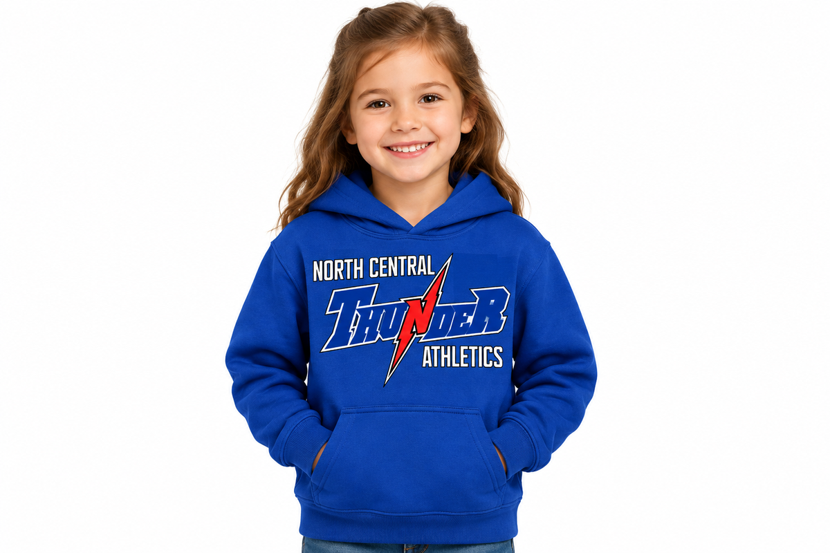 North Central Thunder Athletics hoodie in royal blue - little girl model