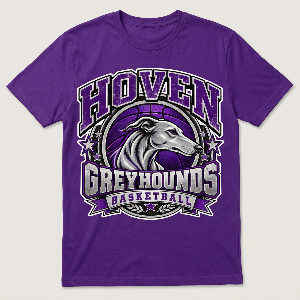 Flat-lay solid purple Hoven Greyhounds Basketball Design 7 T-shirt with white offset