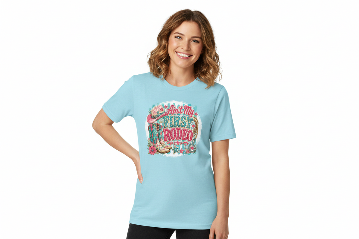 Ain't My First Rodeo tee in Sky Blue