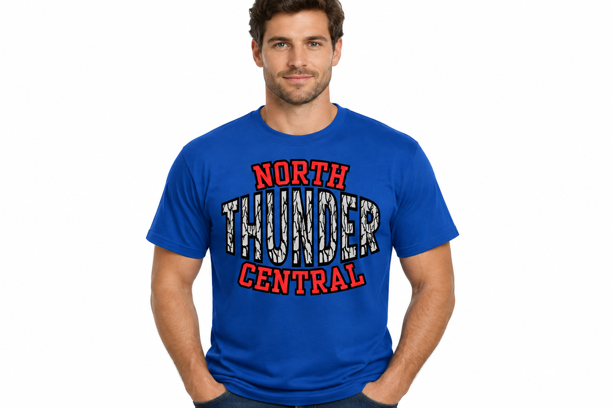North Thunder Central crest design on royal blue t-shirt
