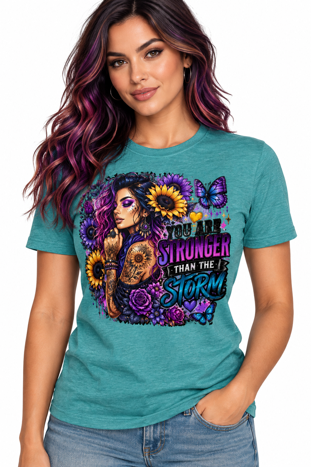 You Are Stronger Than the Storm - Galapagos Teal T-Shirt on female model
