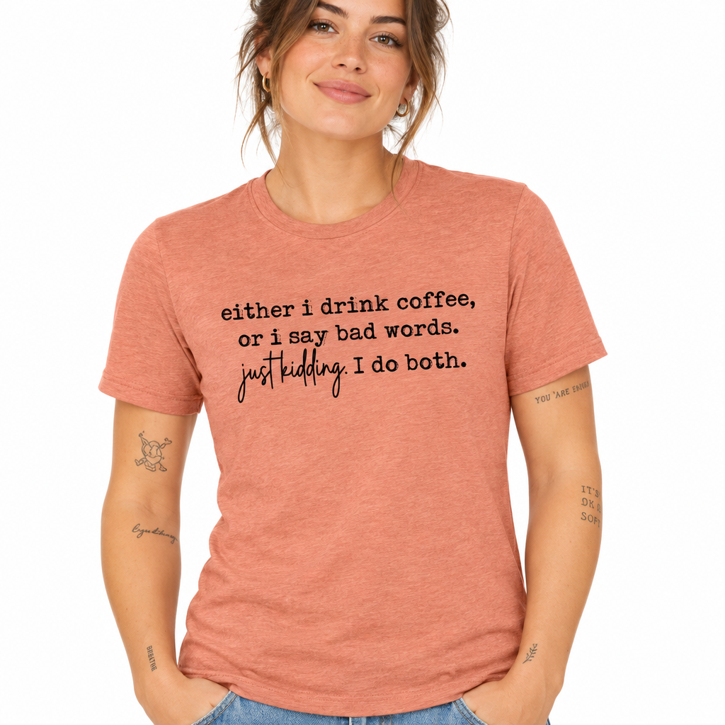 Either I Drink Coffee Tee in Heathered Prism Sunset