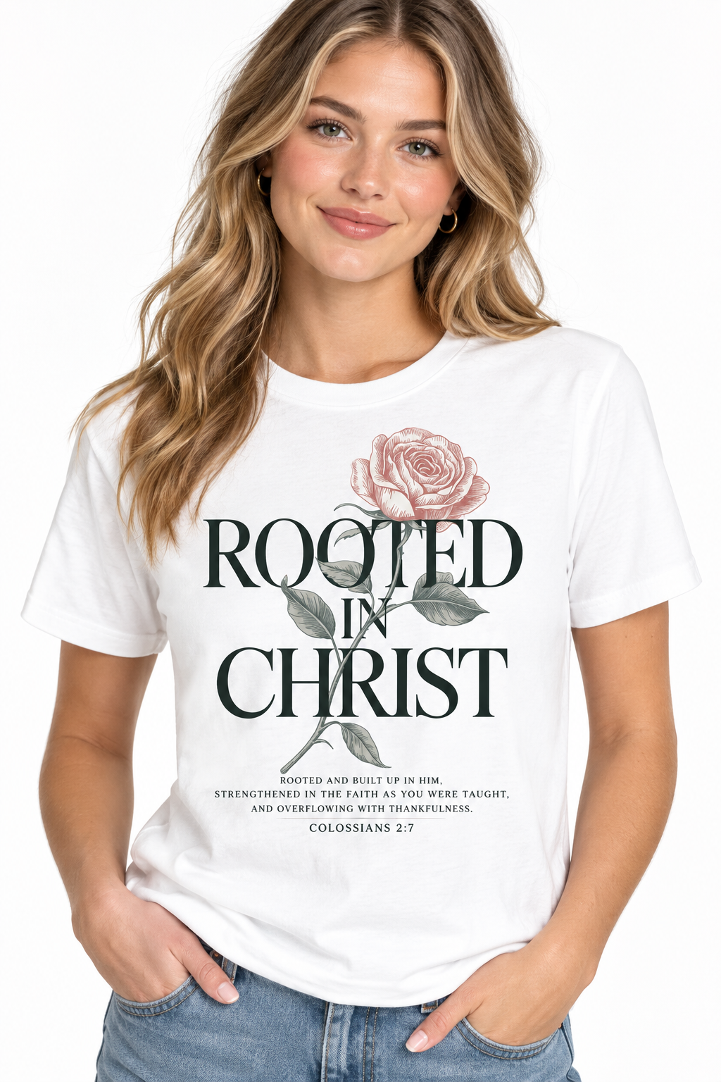 Rooted In Christ - White T-Shirt on female model