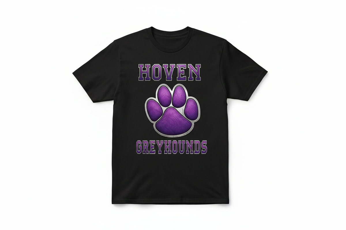 Hoven Greyhounds paw graphic on black t-shirt
