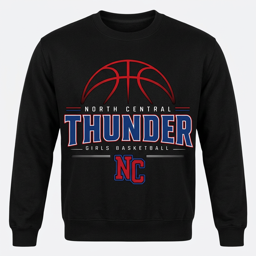 North Central Thunder girls basketball design on a black crewneck sweatshirt