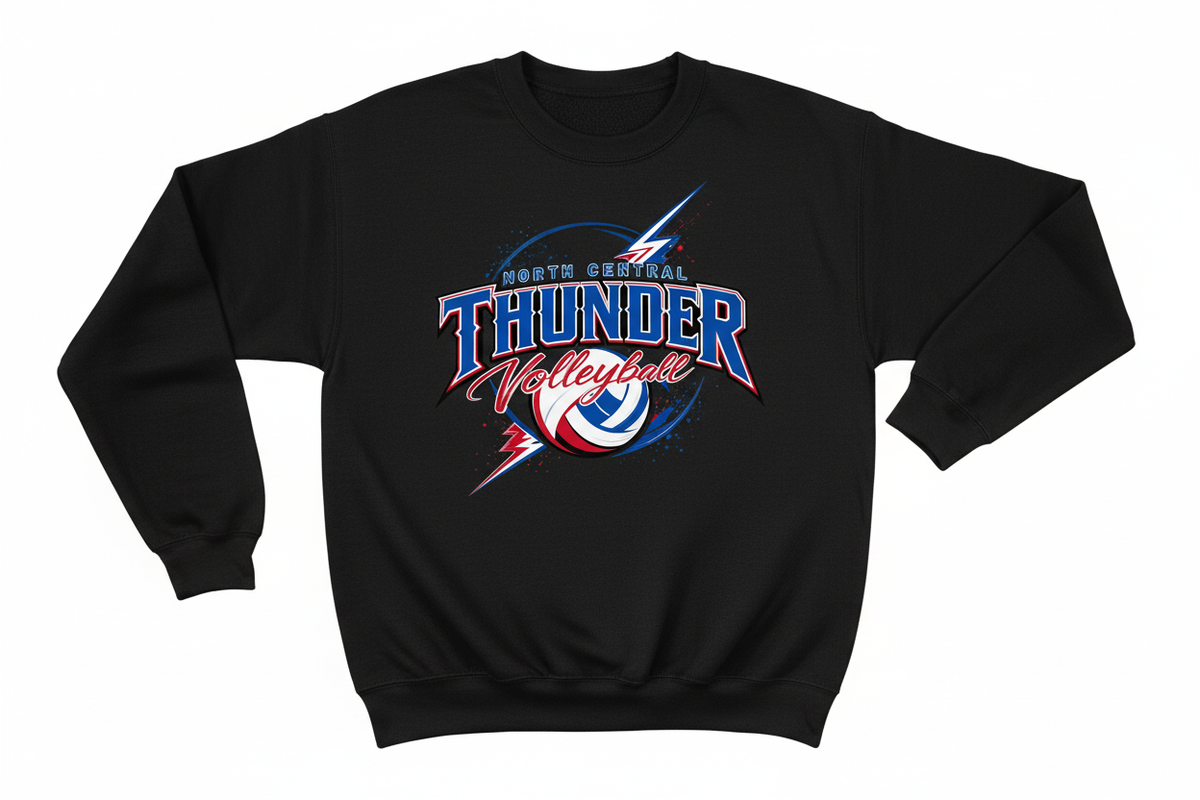 North Central Thunder Volleyball on black crewneck sweatshirt