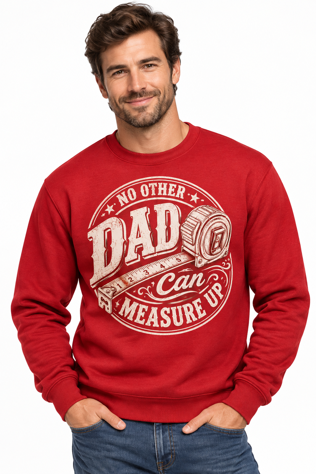 No Other Dad Can Measure Up - Red Crewneck Sweatshirt on male model