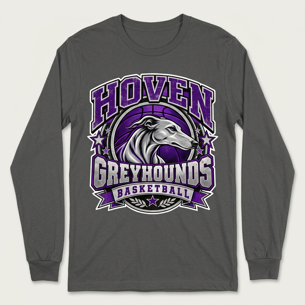 Charcoal Hoven Greyhounds Design 7 long-sleeve T-shirt with white-offset artwork