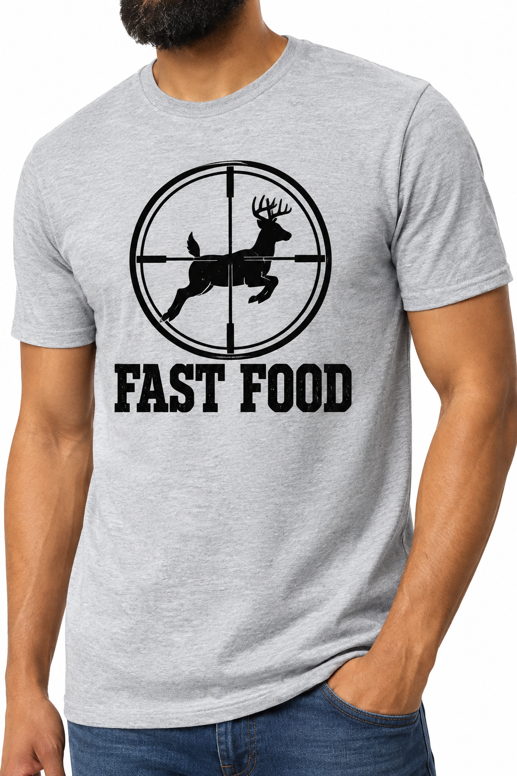 Fast Food deer hunting design on sports gray t-shirt