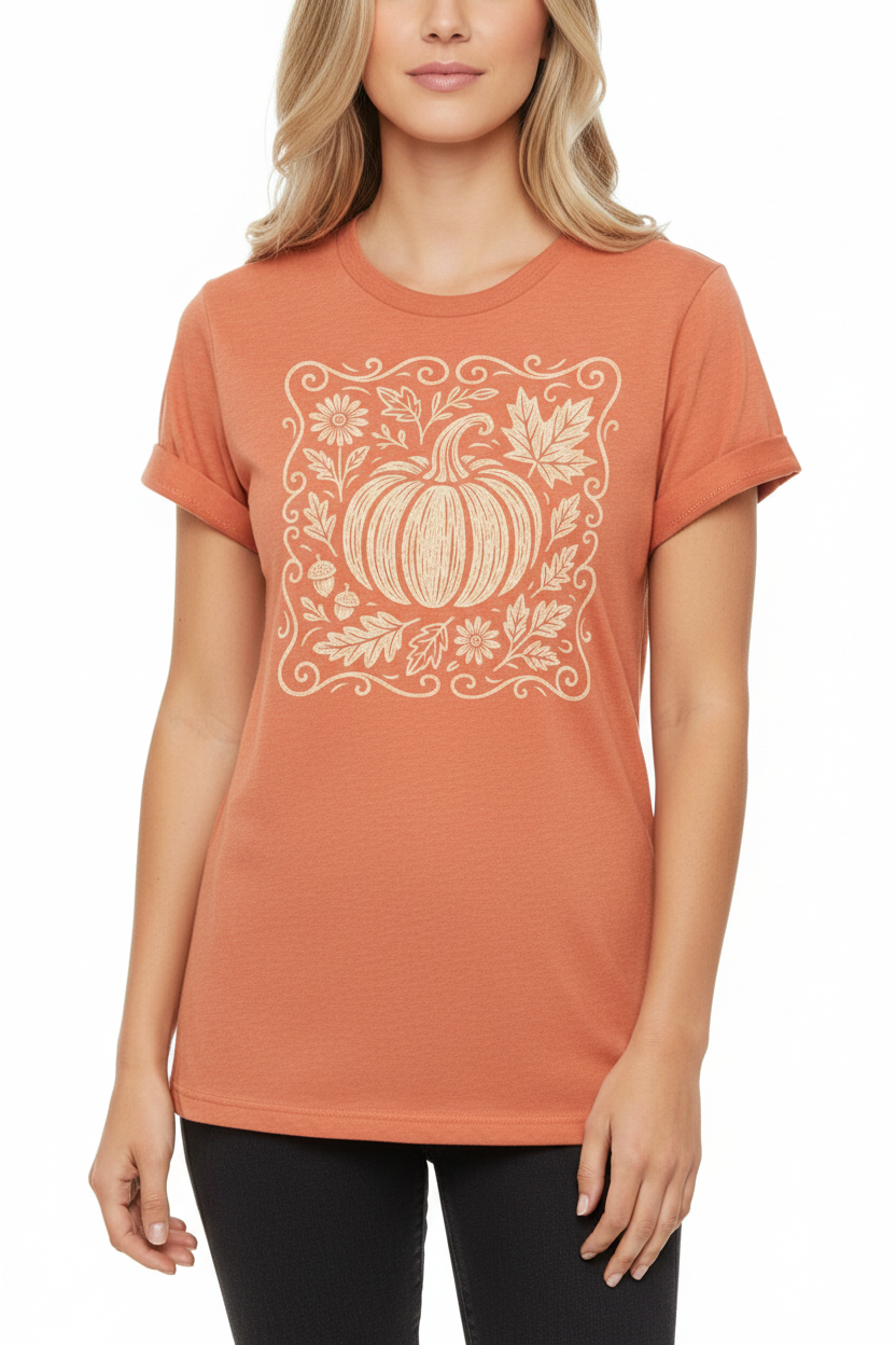Women's heathered orange t-shirt with cream botanical pumpkin graphic