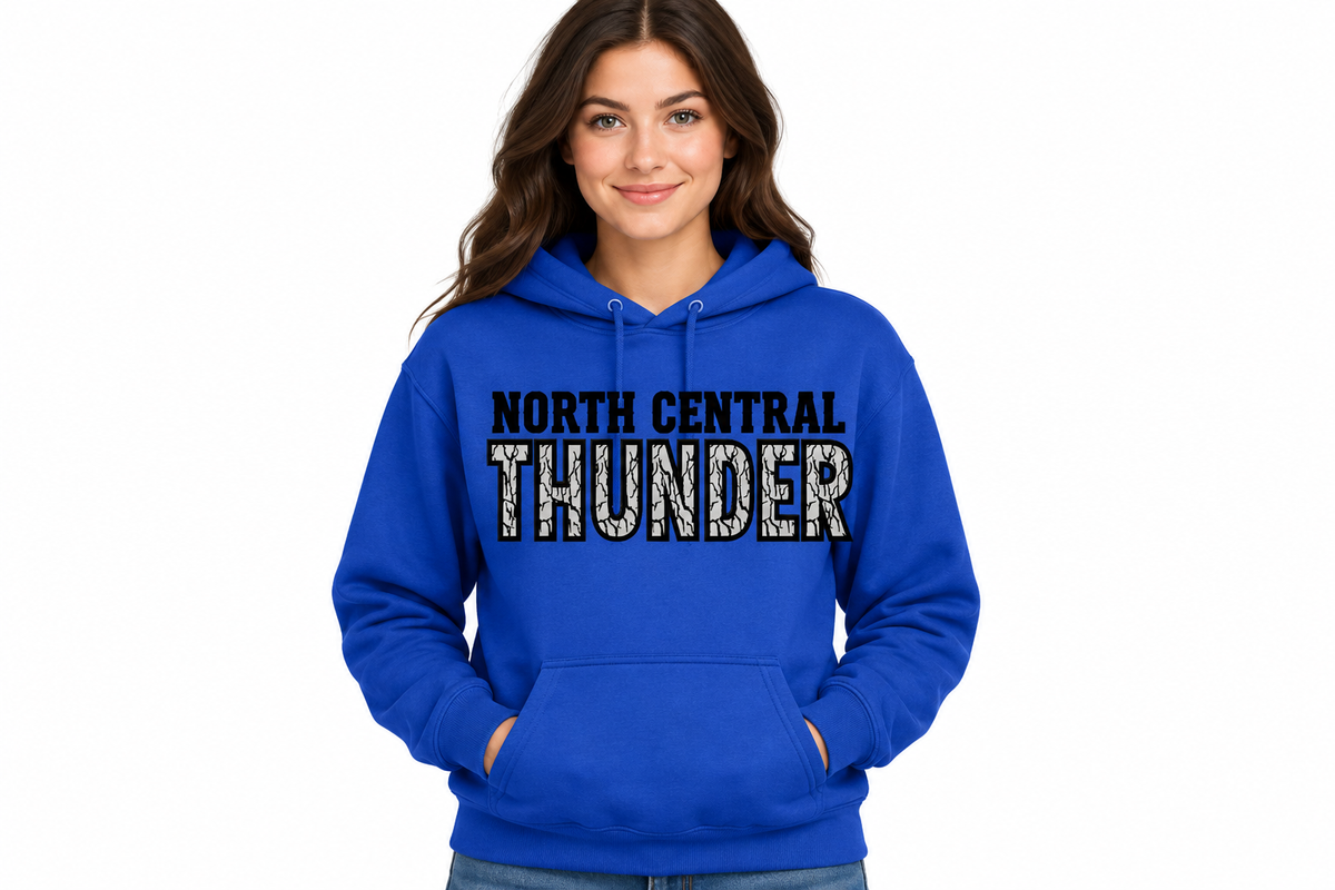 North Central Thunder woodgrain design on royal blue hoodie - adult female model