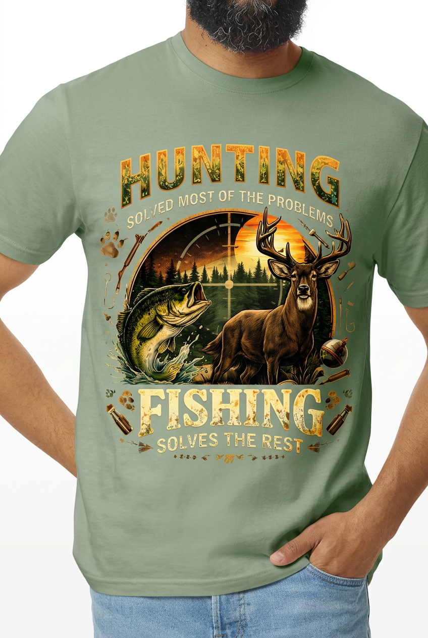 Hunting & Fishing Graphic Tee - Sage Green