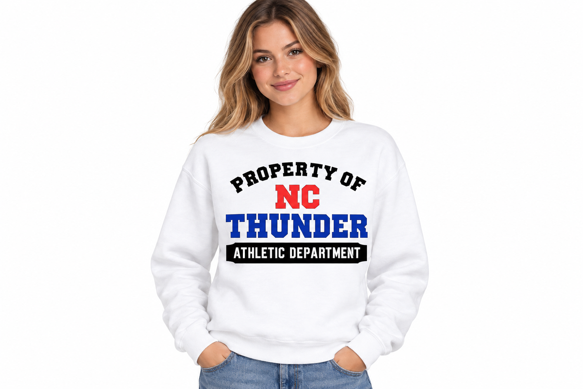 Property of NC Thunder design on white crewneck sweatshirt