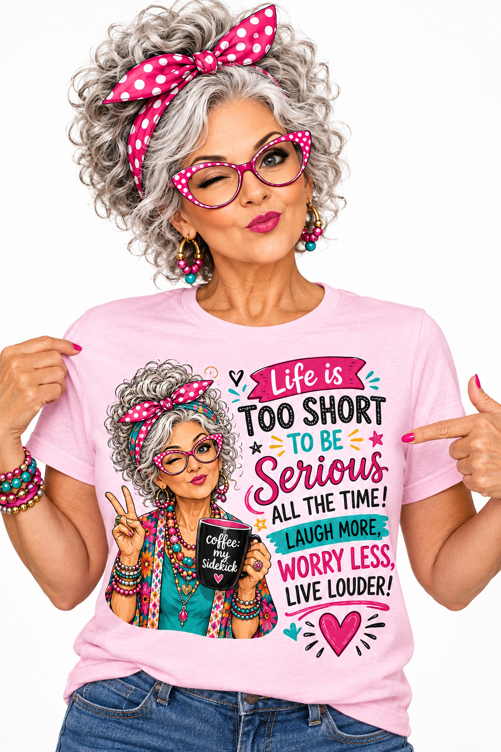 Life Is Too Short - Light Pink T-Shirt on older female model