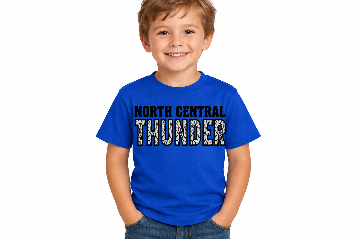 North Central Thunder woodgrain design on royal blue kids t-shirt
