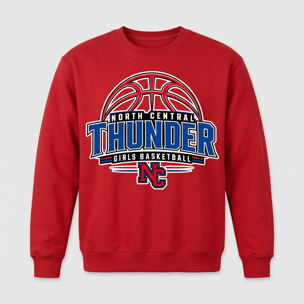 North Central Thunder Design 3 on a red crewneck sweatshirt