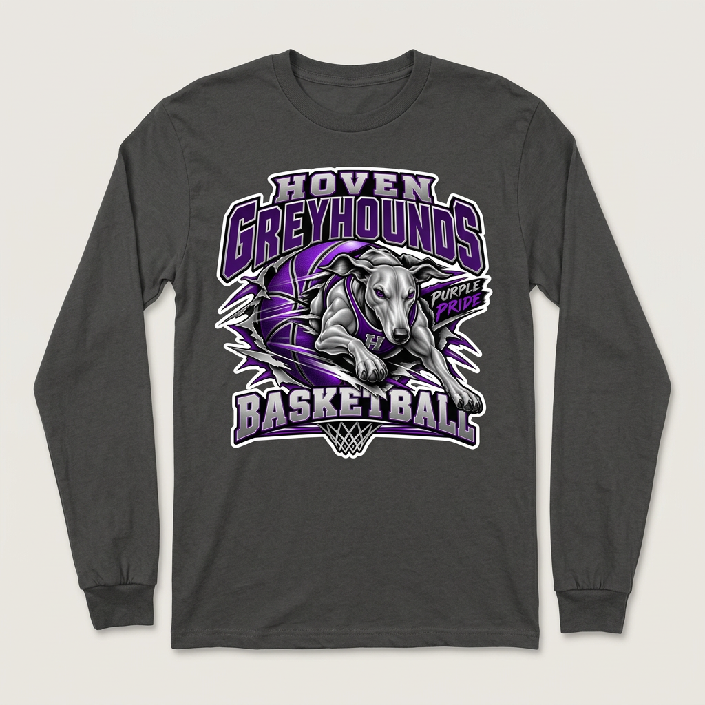 Charcoal Hoven Greyhounds Design 6 long-sleeve T-shirt with white-offset artwork