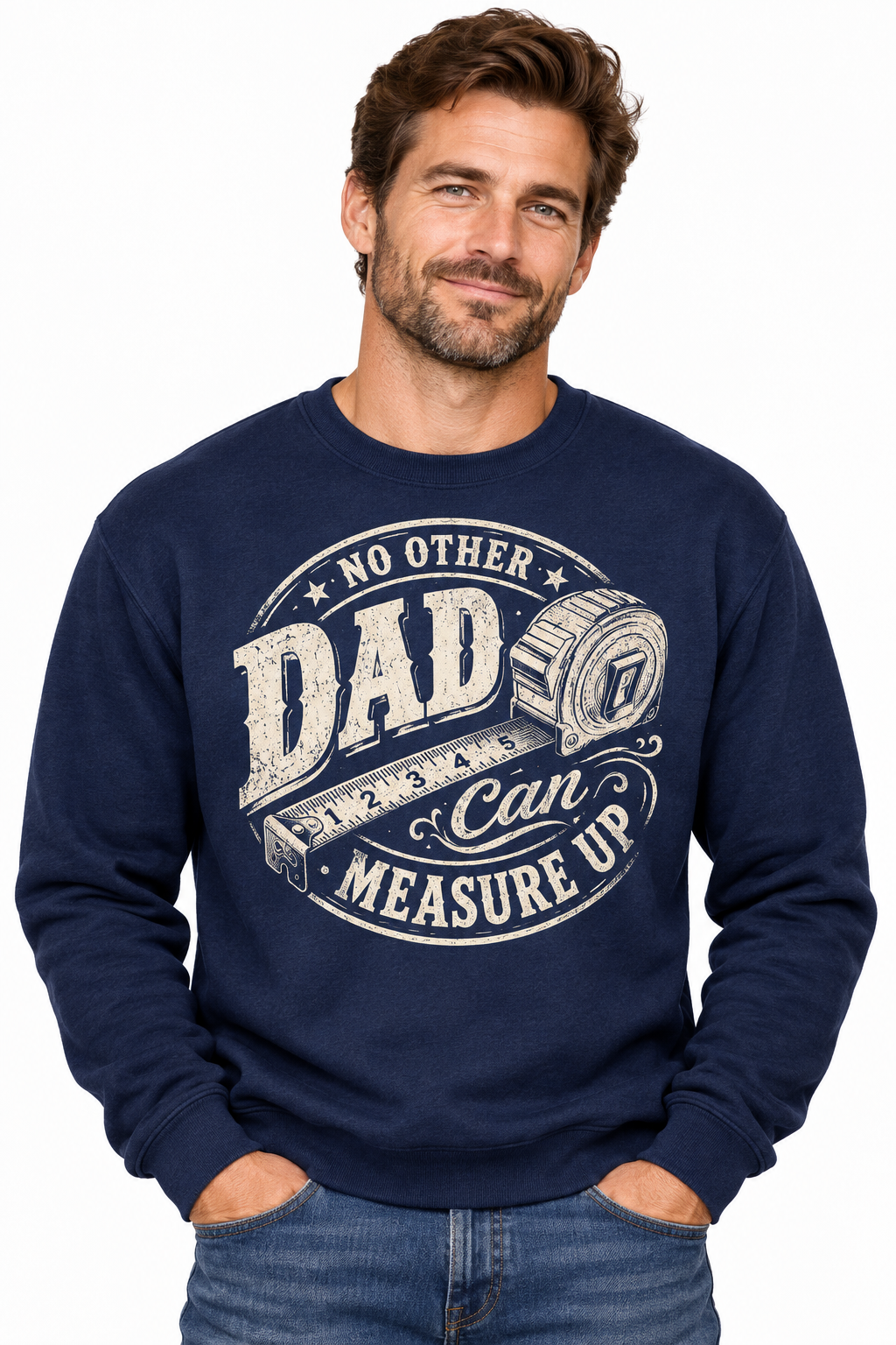 No Other Dad Can Measure Up - Navy Crewneck Sweatshirt on male model
