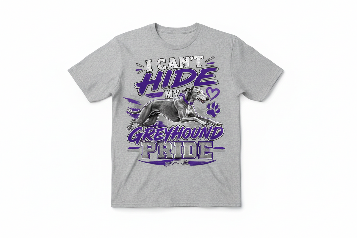I Can't Hide My Greyhound Pride graphic on heather gray t-shirt