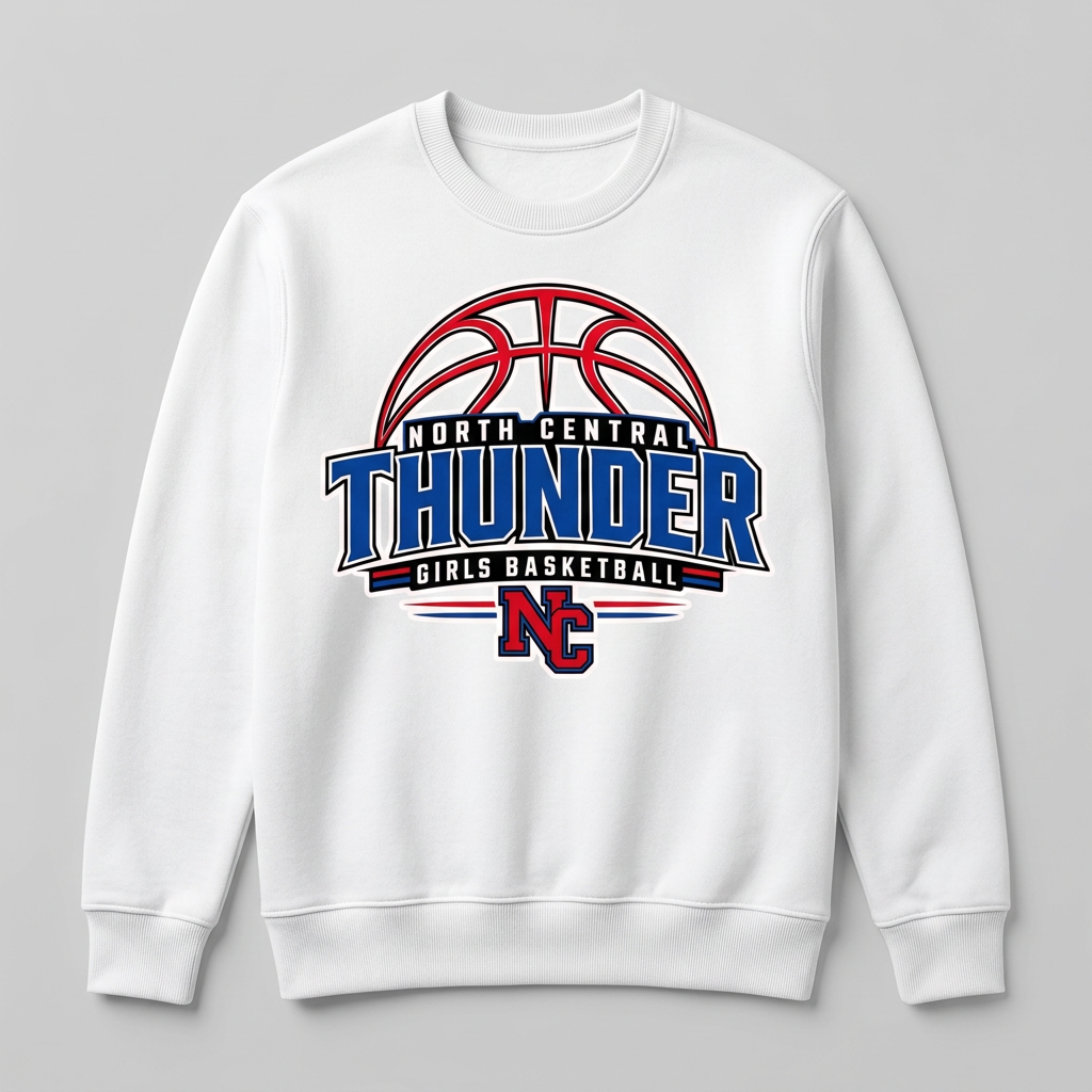 North Central Thunder Design 3 on a white crewneck sweatshirt