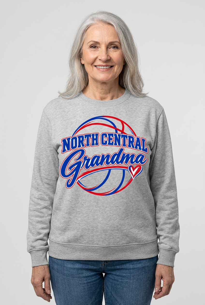 Older female model wearing sports gray North Central Grandma crewneck sweatshirt