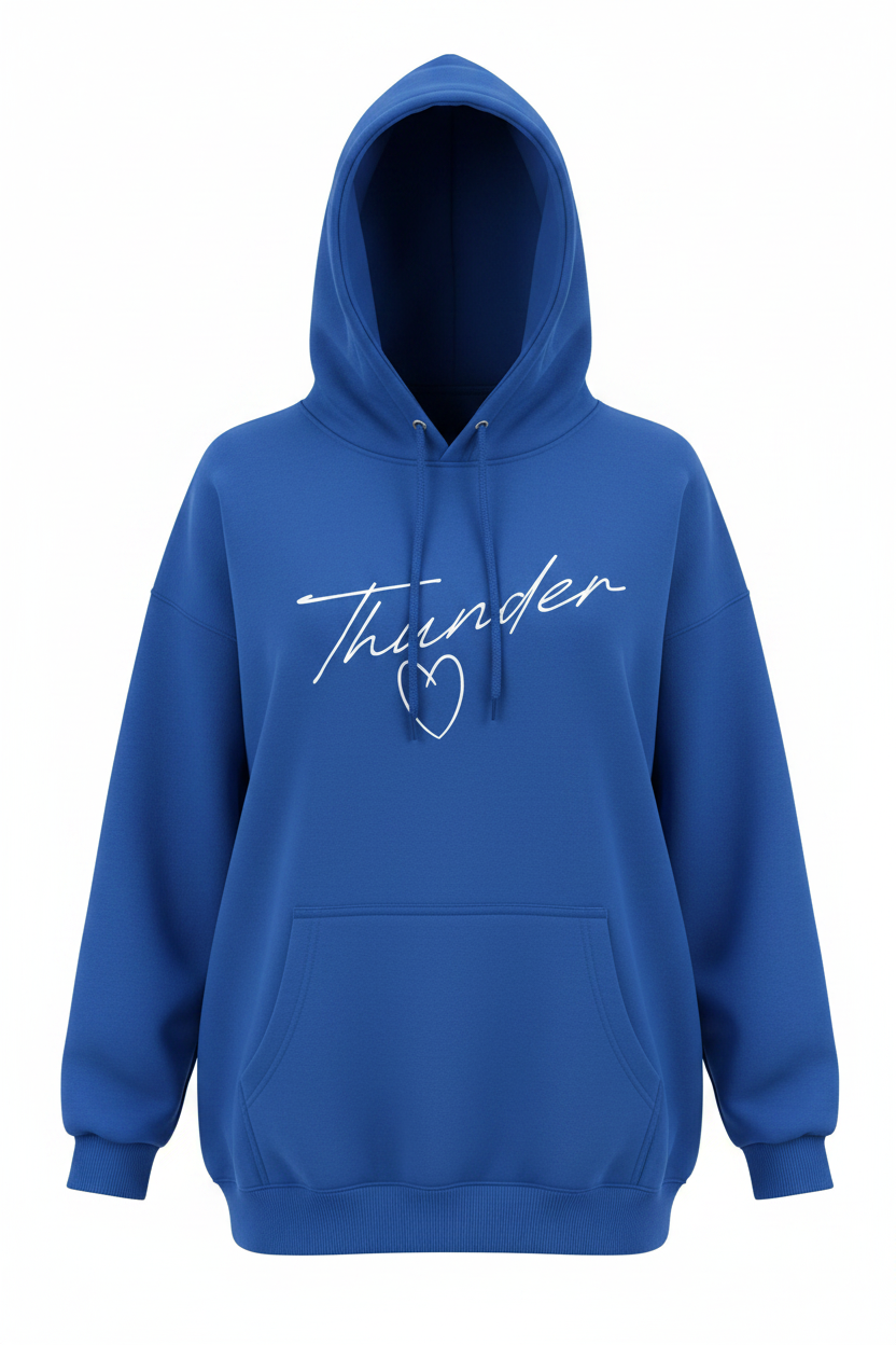 Unisex royal blue pullover hoodie with white Thunder cursive script and heart graphic