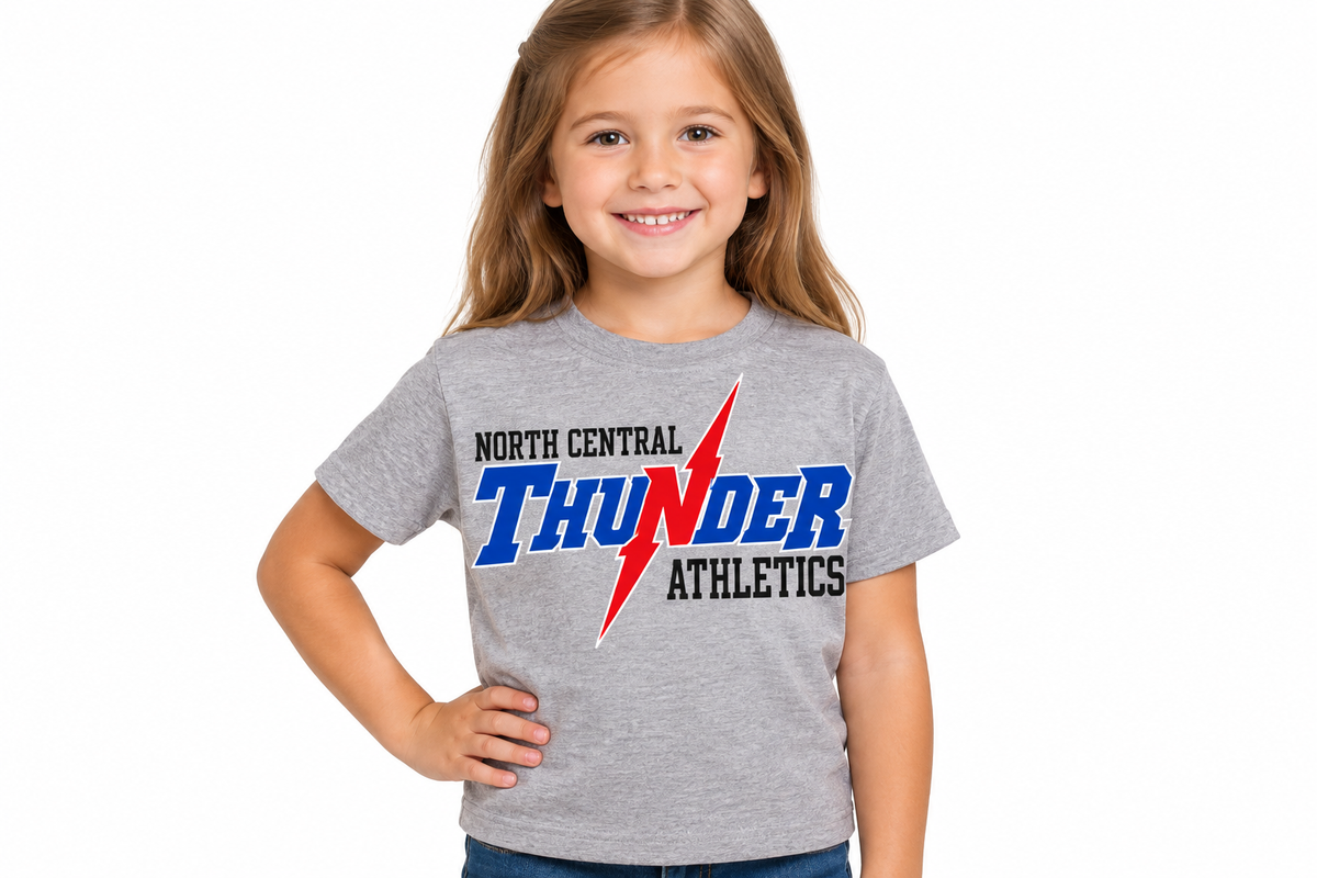 North Central Thunder Athletics full logo on sports gray t-shirt - little girl model