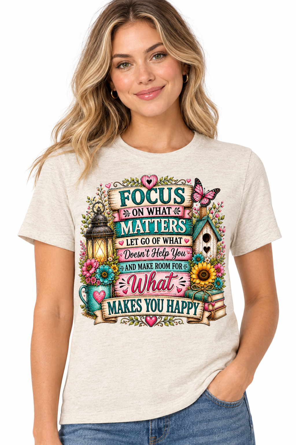 Focus on What Matters - Oatmeal T-Shirt on female model