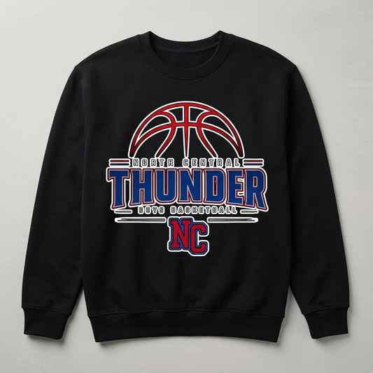Black crewneck with North Central Thunder boys basketball design