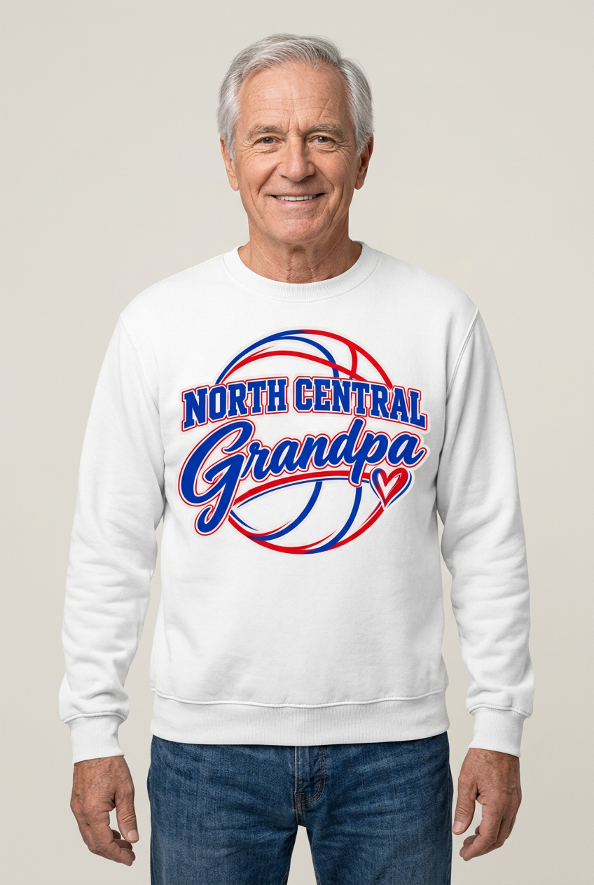 Older male model wearing white North Central Grandpa crewneck sweatshirt