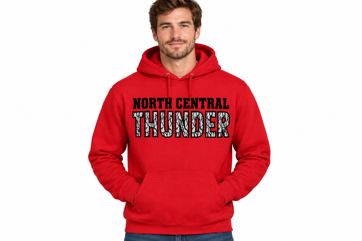 North Central Thunder woodgrain design on red hoodie - adult male model