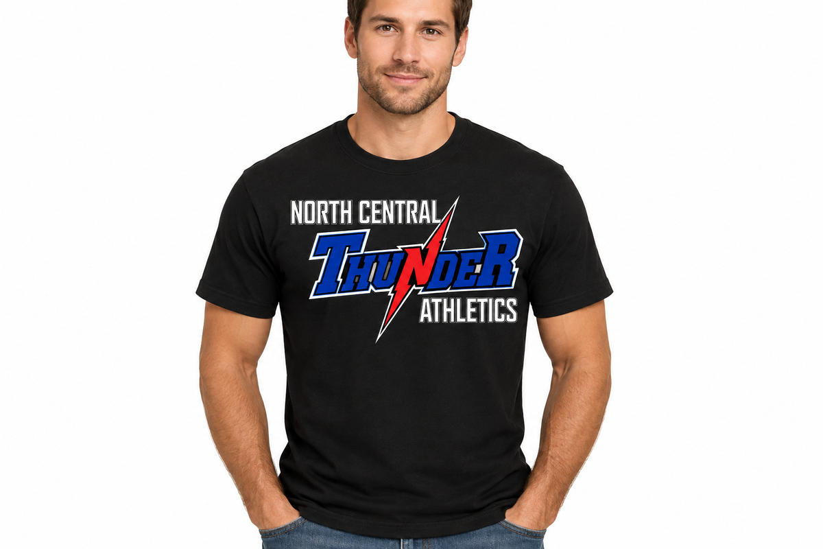 North Central Thunder Athletics design on black t-shirt - adult male model