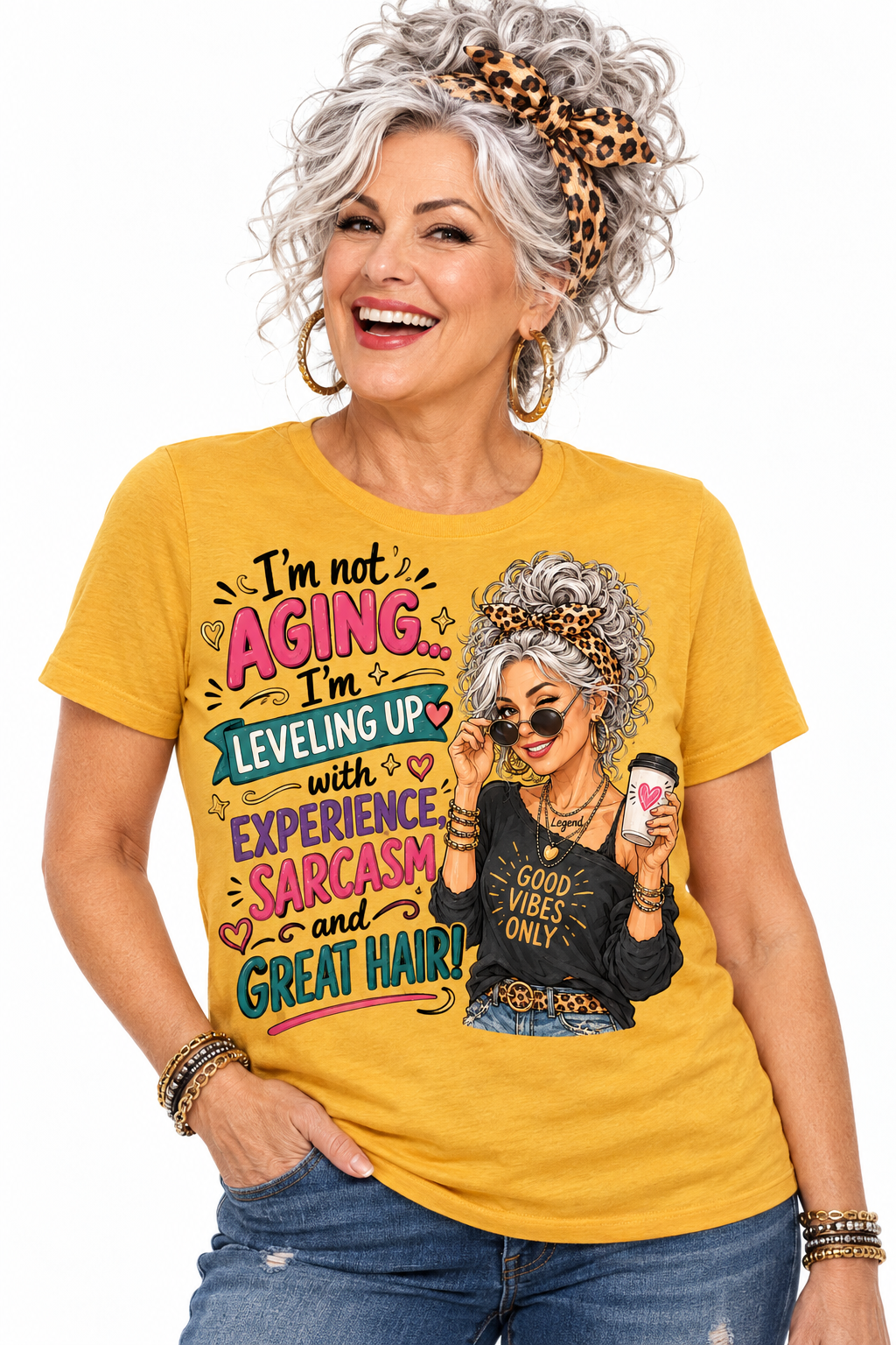 I'm Not Aging - Mustard T-Shirt on older female model