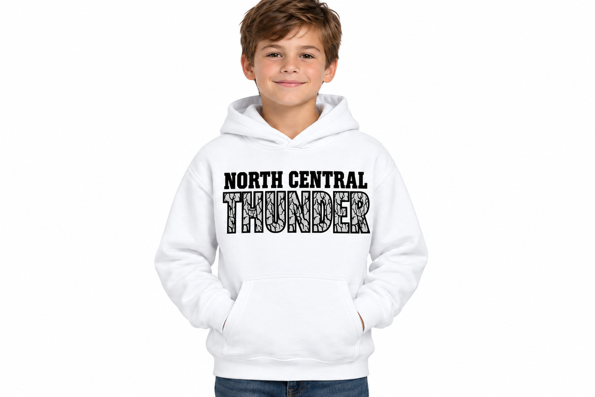 North Central Thunder woodgrain design on white hoodie - youth model