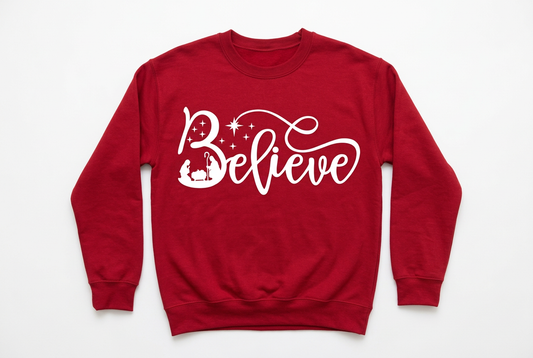 Believe Nativity Crewneck - Red with White Print Flat Lay