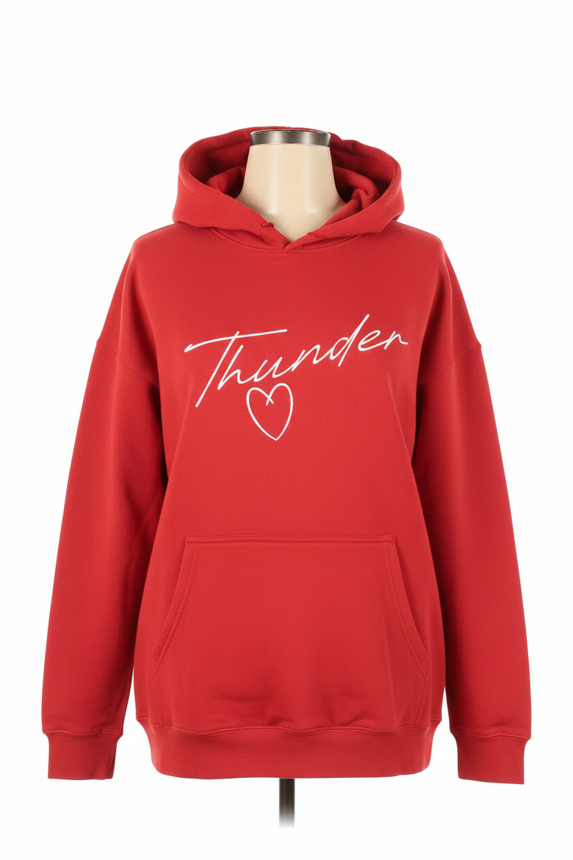Unisex red pullover hoodie with white Thunder cursive script and heart graphic